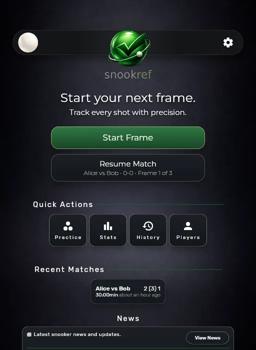 Snook Ref home screen to start a snooker match