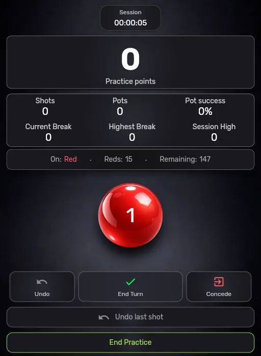 Basic snooker practice drill screen in the Snook Ref app