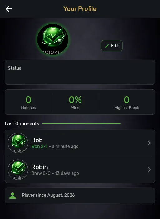 Editable player profile in the Snook Ref snooker scoring app