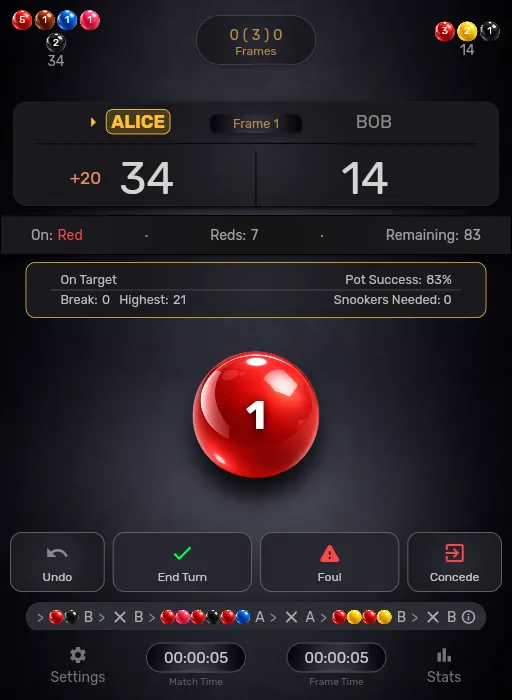 Snook Ref snooker scoring app showing a live frame scoreboard